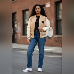 NWT True Religion Tan and Cream Varsity Jacket